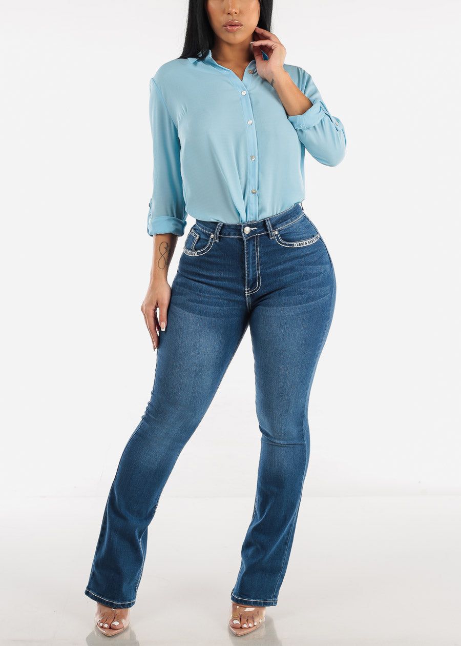 Super High Waisted Indigo Bootcut Jeans w Back Pocket Design sold by Moda product image thumbnail 2