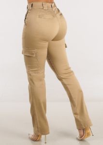 Khaki High Waisted Straight Cargo Pants sold by Moda