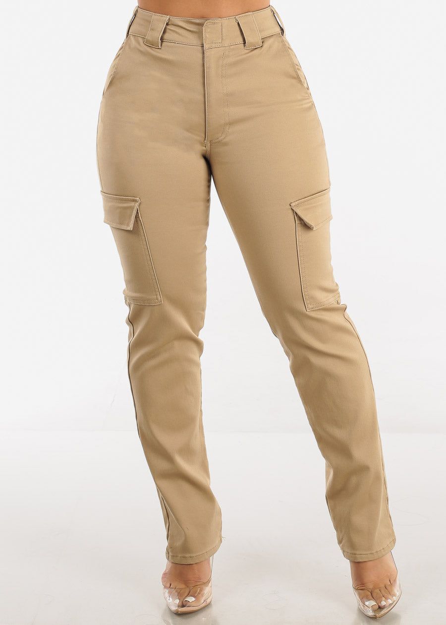 Khaki High Waisted Straight Cargo Pants sold by Moda