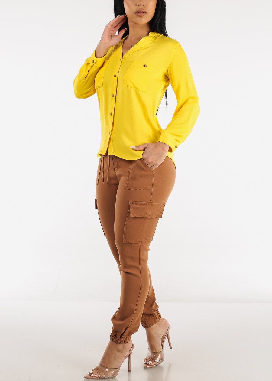 Vneck Long Sleeve Button Up Shirt Yellow sold by Moda product image thumbnail 2