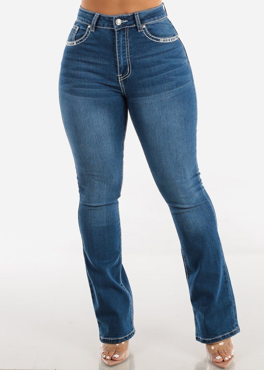 Super High Waisted Indigo Bootcut Jeans w Back Pocket Design sold by Moda product image thumbnail 3