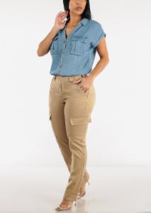 Khaki High Waisted Straight Cargo Pants sold by Moda