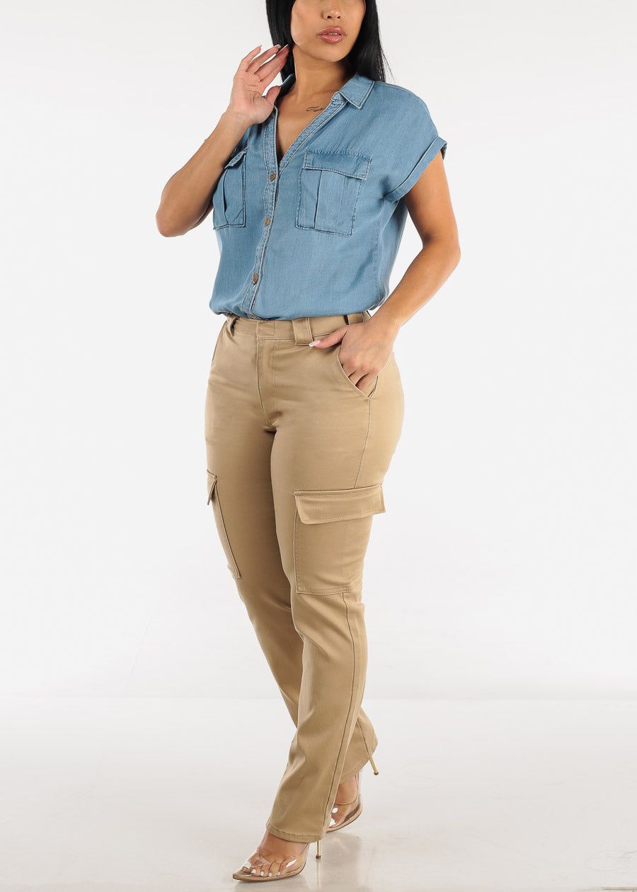 Khaki High Waisted Straight Cargo Pants sold by Moda product image thumbnail 2