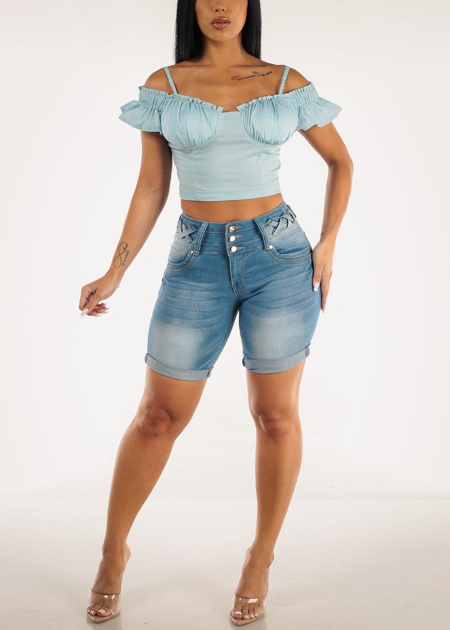 Light Blue Off Shoulder Crop Top w Ruffle Detail sold by Moda product image thumbnail 3