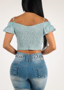 Light Blue Off Shoulder Crop Top w Ruffle Detail sold by Moda
