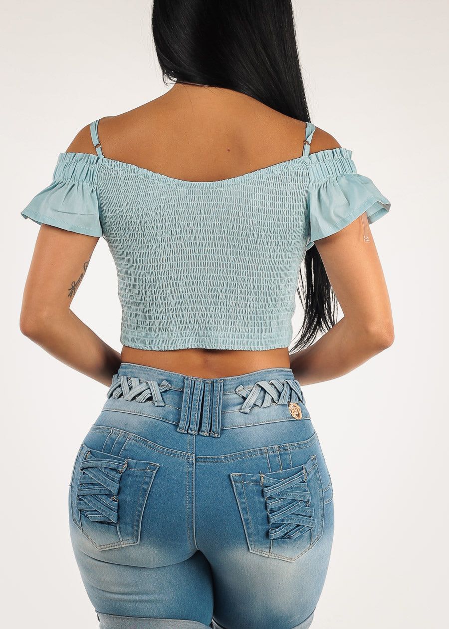 Light Blue Off Shoulder Crop Top w Ruffle Detail sold by Moda product image thumbnail 5