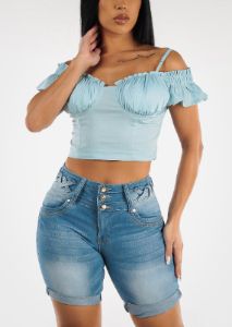 Light Blue Off Shoulder Crop Top w Ruffle Detail sold by Moda