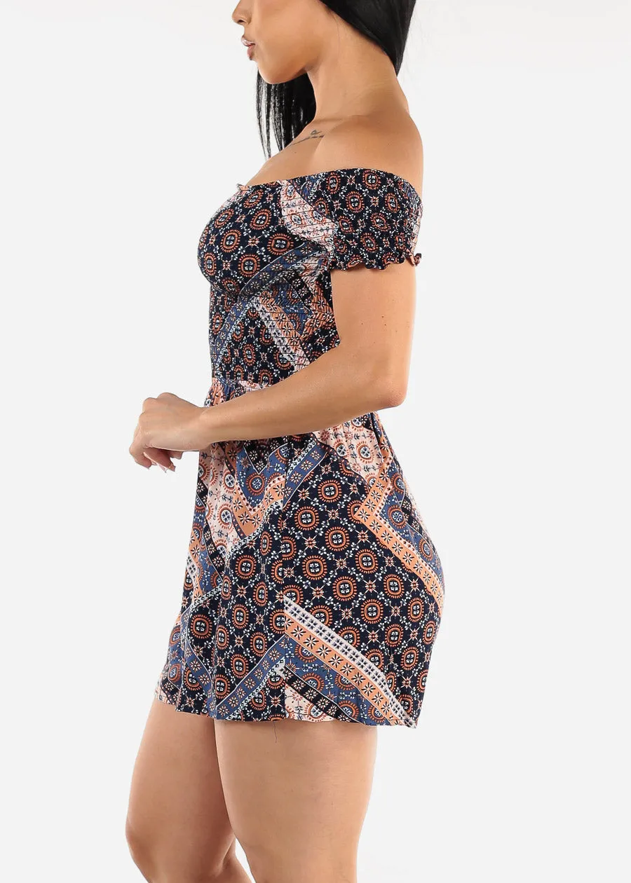 Short Sleeve Off Shoulder Printed Romper Navy sold by Moda product image thumbnail 3