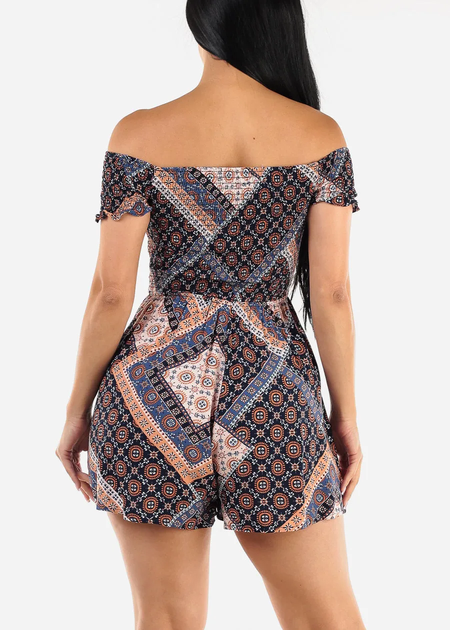 Short Sleeve Off Shoulder Printed Romper Navy sold by Moda product image thumbnail 4