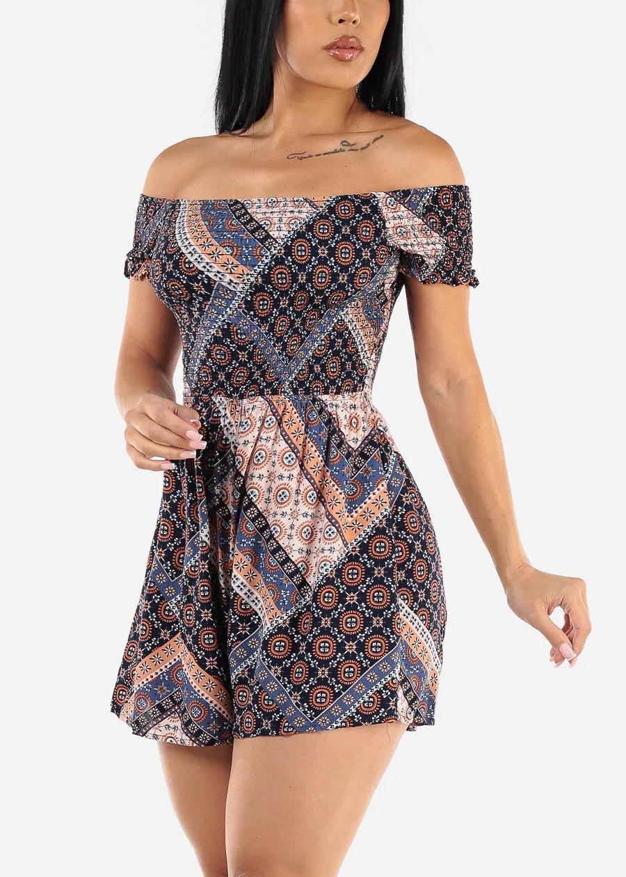 Short Sleeve Off Shoulder Printed Romper Navy sold by Moda