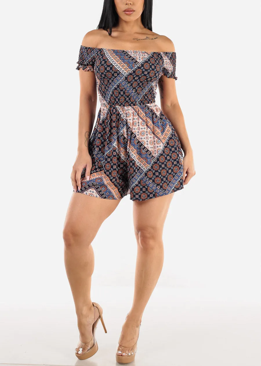 Short Sleeve Off Shoulder Printed Romper Navy sold by Moda product image thumbnail 2
