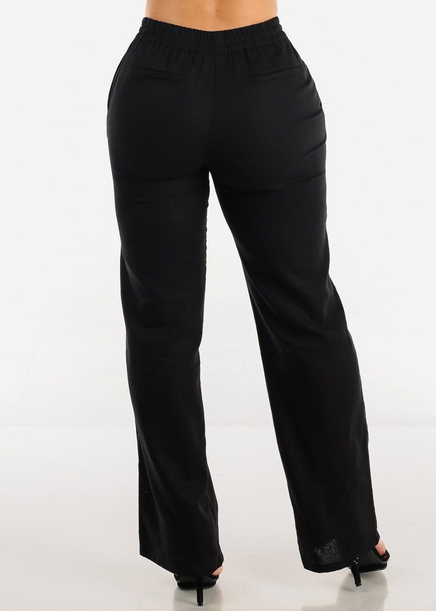 Black Drawstring Waist Wide Leg Linen Pants sold by Moda product image thumbnail 4