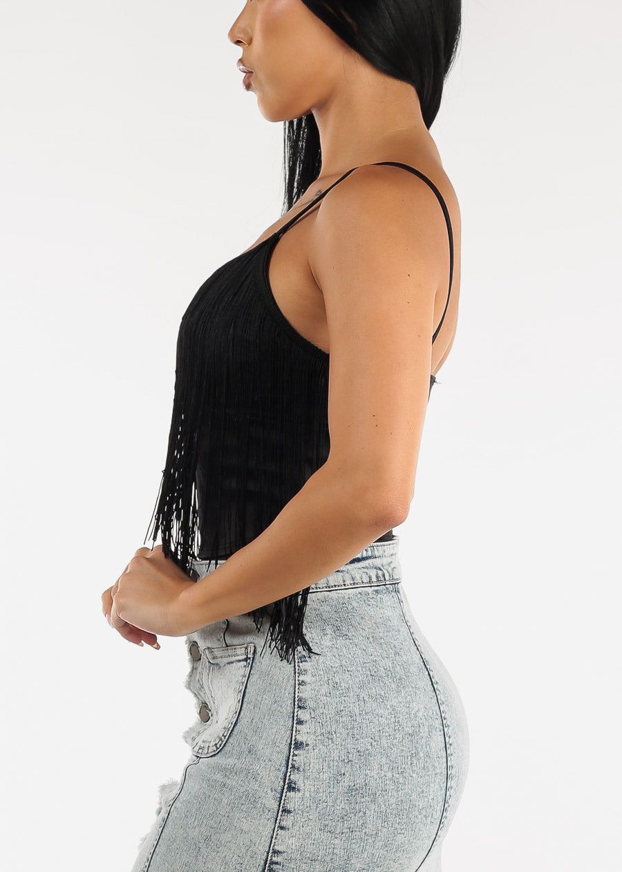 Sleeveless Fringe Trim Black Cami Crop Top sold by Moda product image thumbnail 3