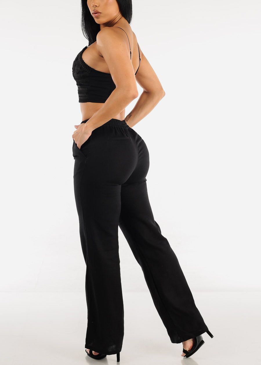 Black Drawstring Waist Wide Leg Linen Pants sold by Moda product image thumbnail 5