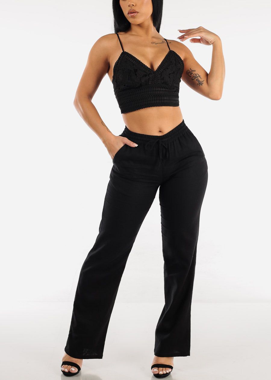 Black Drawstring Waist Wide Leg Linen Pants sold by Moda product image thumbnail 2