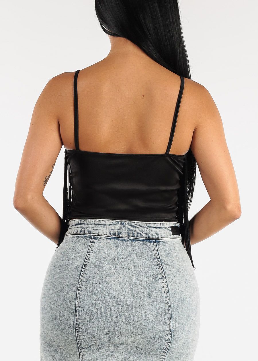 Sleeveless Fringe Trim Black Cami Crop Top sold by Moda product image thumbnail 4