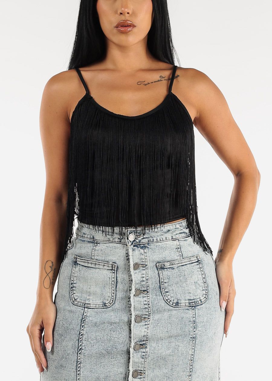 Sleeveless Fringe Trim Black Cami Crop Top sold by Moda