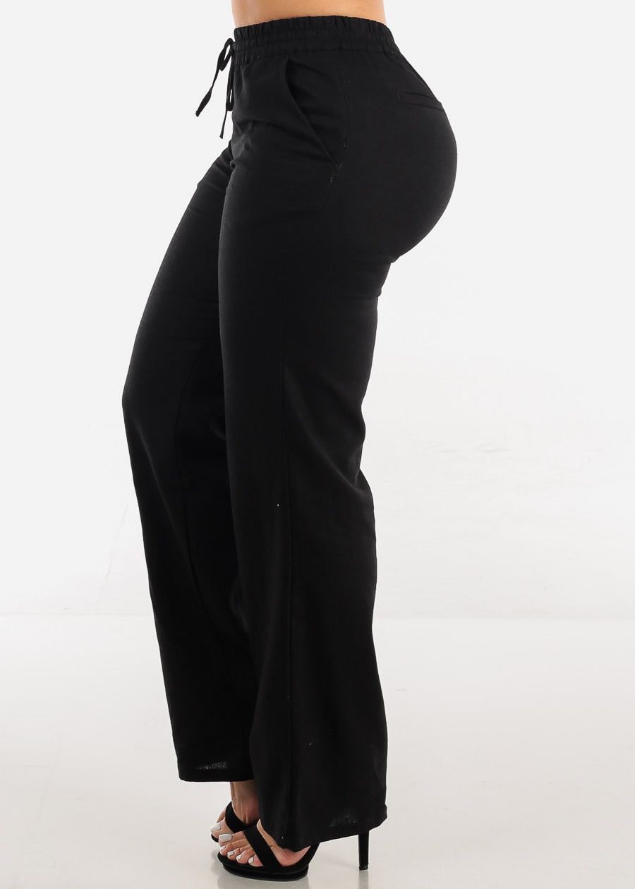 Black Drawstring Waist Wide Leg Linen Pants sold by Moda product image thumbnail 3
