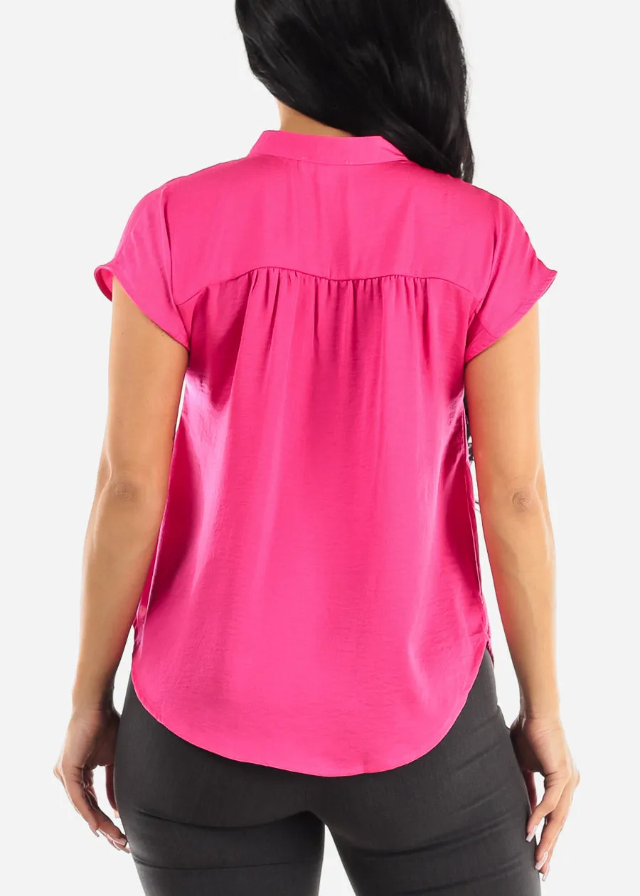 Short Sleeve Half Button Up Round Hem Blouse Fuchsia sold by Moda product image thumbnail 4