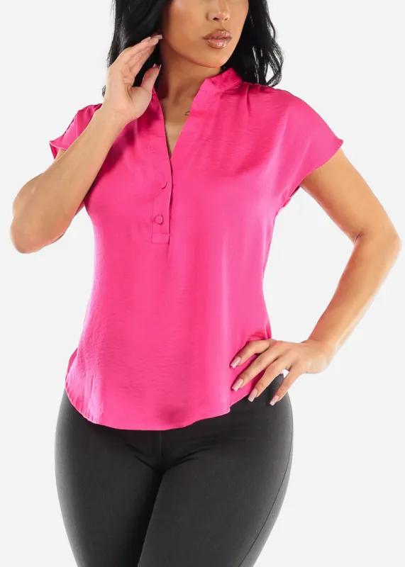 Short Sleeve Half Button Up Round Hem Blouse Fuchsia sold by Moda
