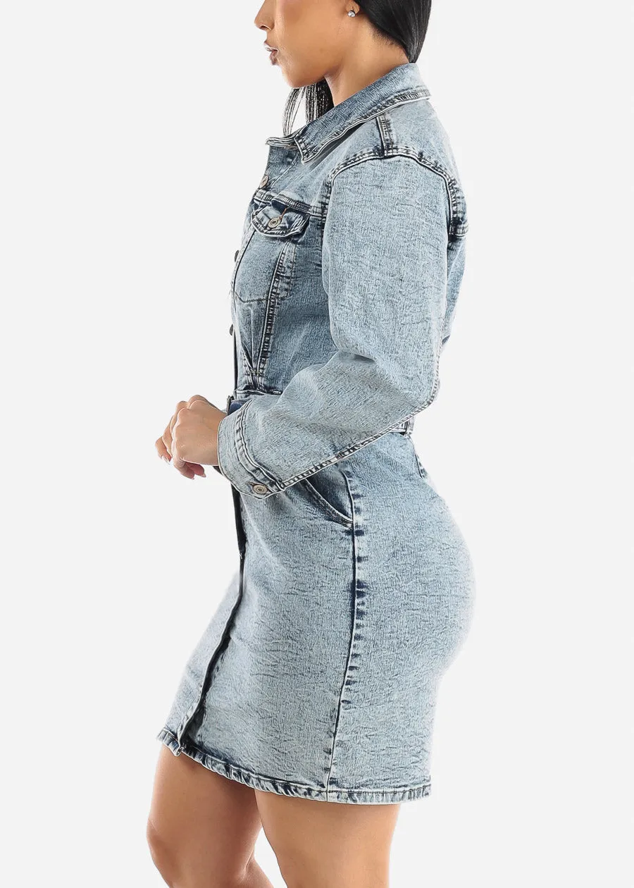Belted Button Down Acid Wash Denim Mini Dress sold by Moda product image thumbnail 4