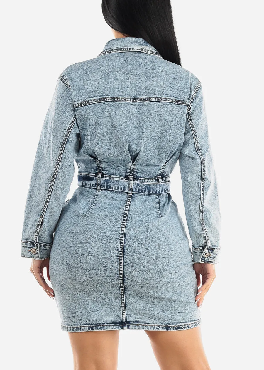 Belted Button Down Acid Wash Denim Mini Dress sold by Moda product image thumbnail 5