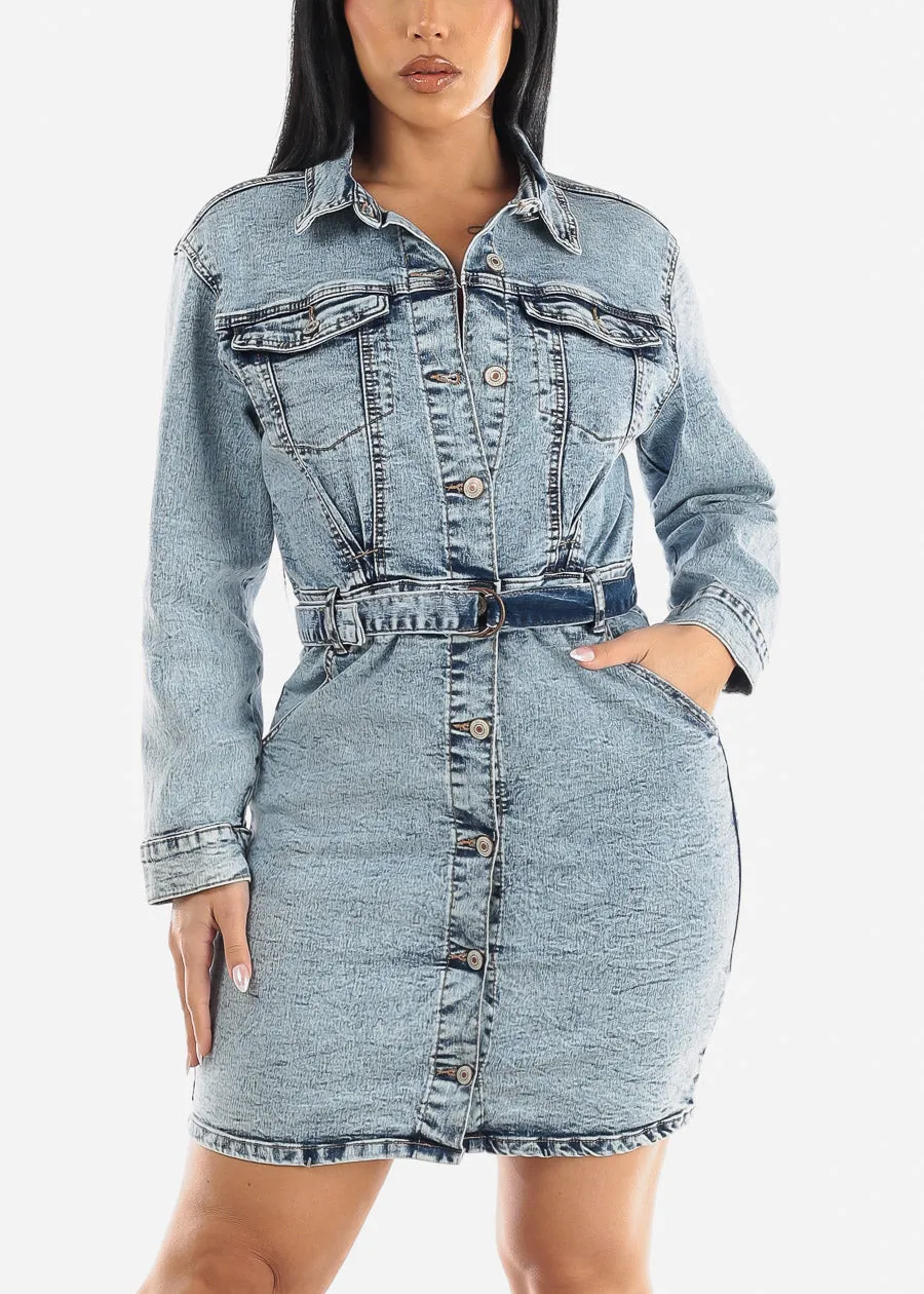 Belted Button Down Acid Wash Denim Mini Dress sold by Moda product image thumbnail 3