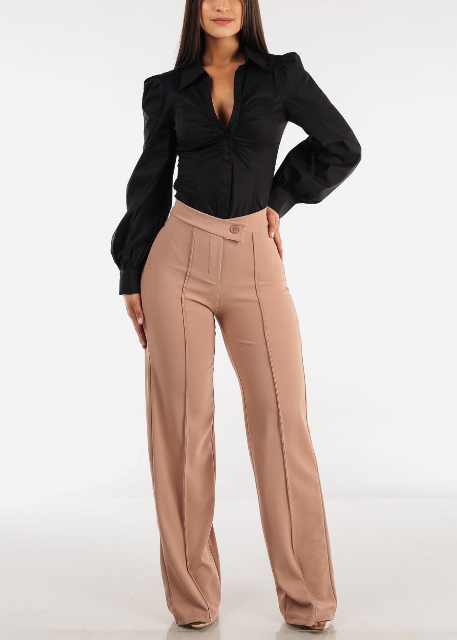 Black Long Sleeve Ruched Collared Button Up Bodysuit sold by Moda product image thumbnail 2