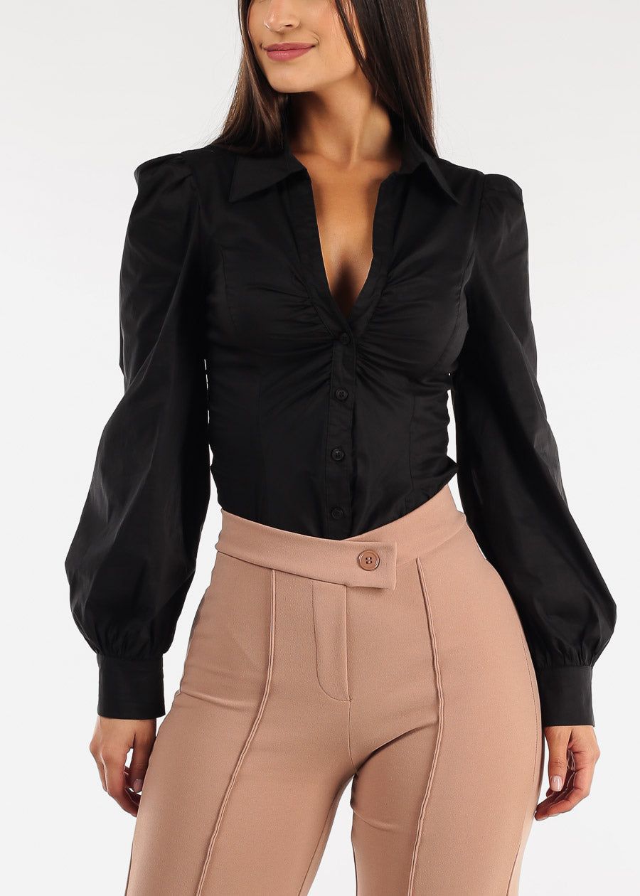 Black Long Sleeve Ruched Collared Button Up Bodysuit sold by Moda product image thumbnail 5