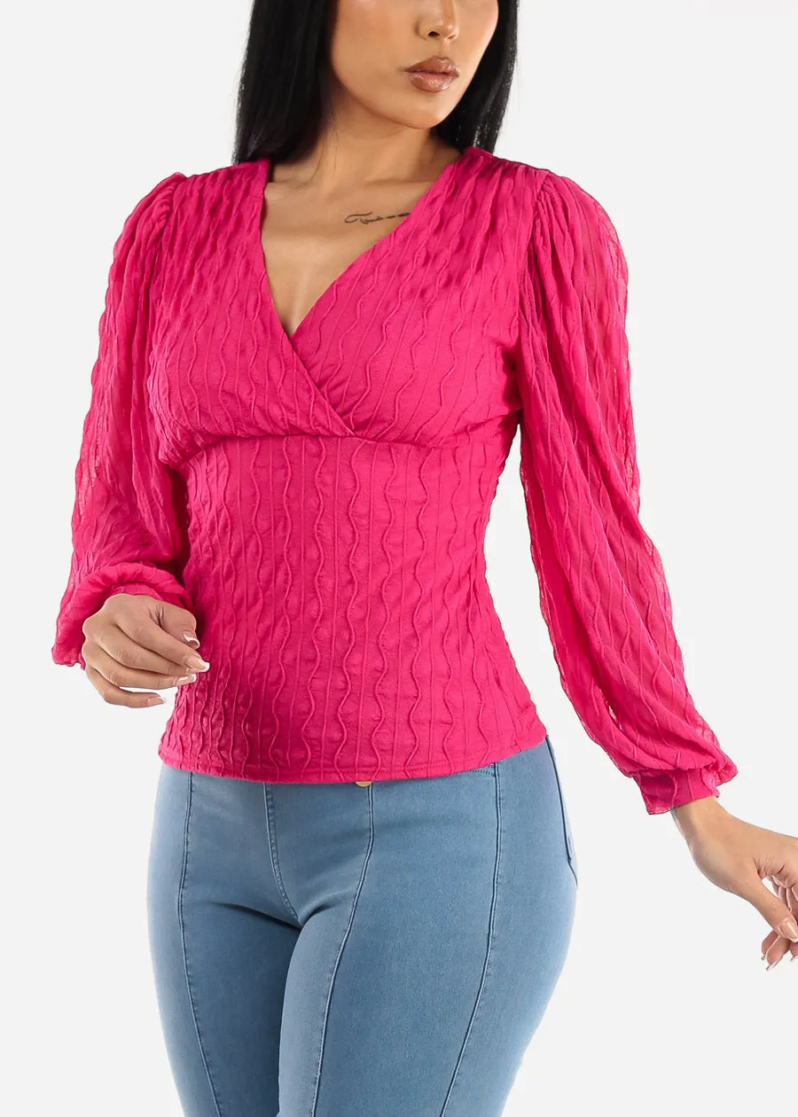 Textured Long Sleeve Surplice Blouse Fuchsia sold by Moda