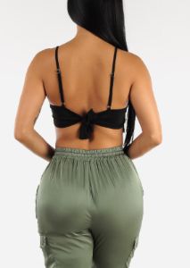 Black Sleeveless Lace Trim Satin Crop Top sold by Moda