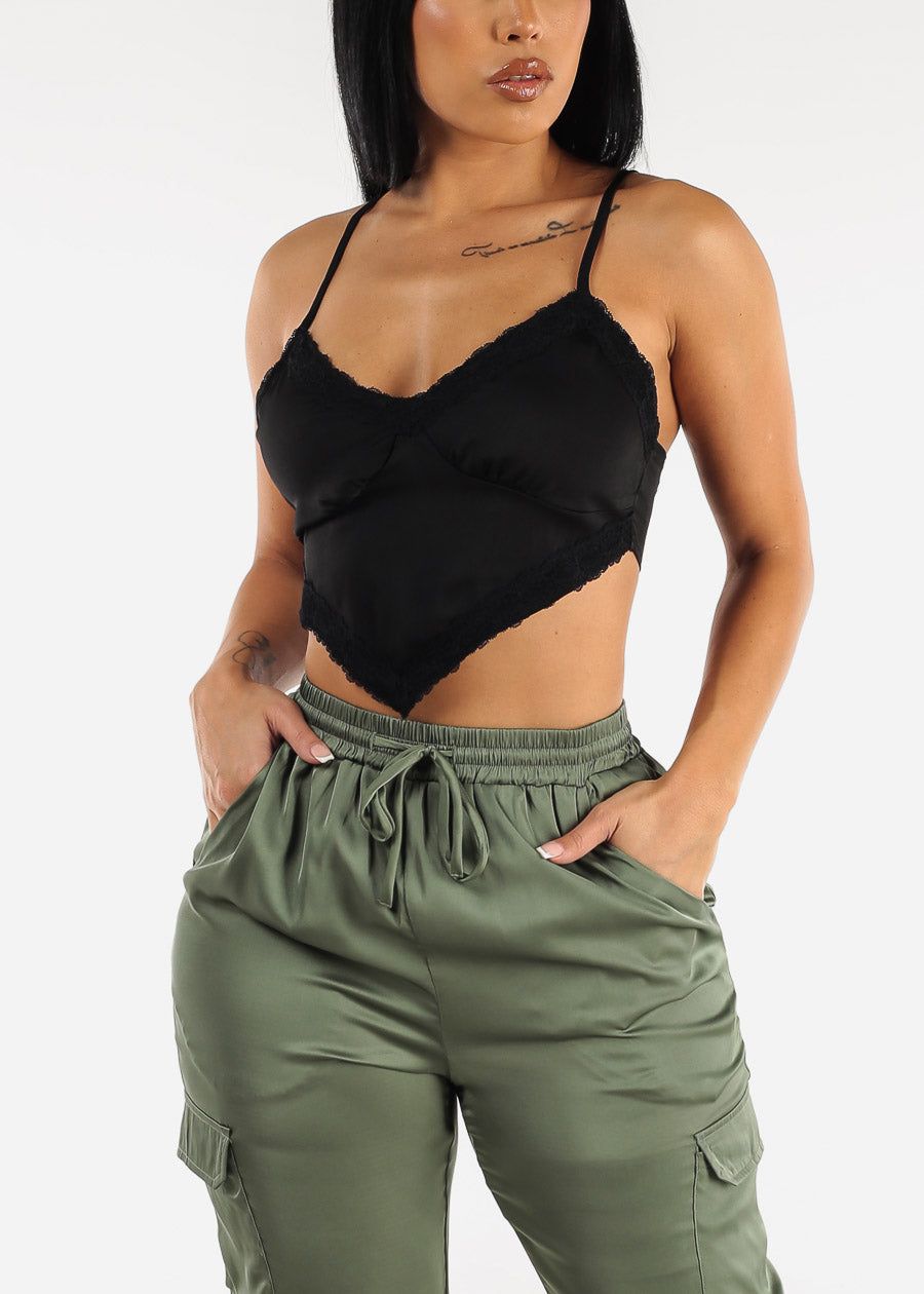 Black Sleeveless Lace Trim Satin Crop Top sold by Moda