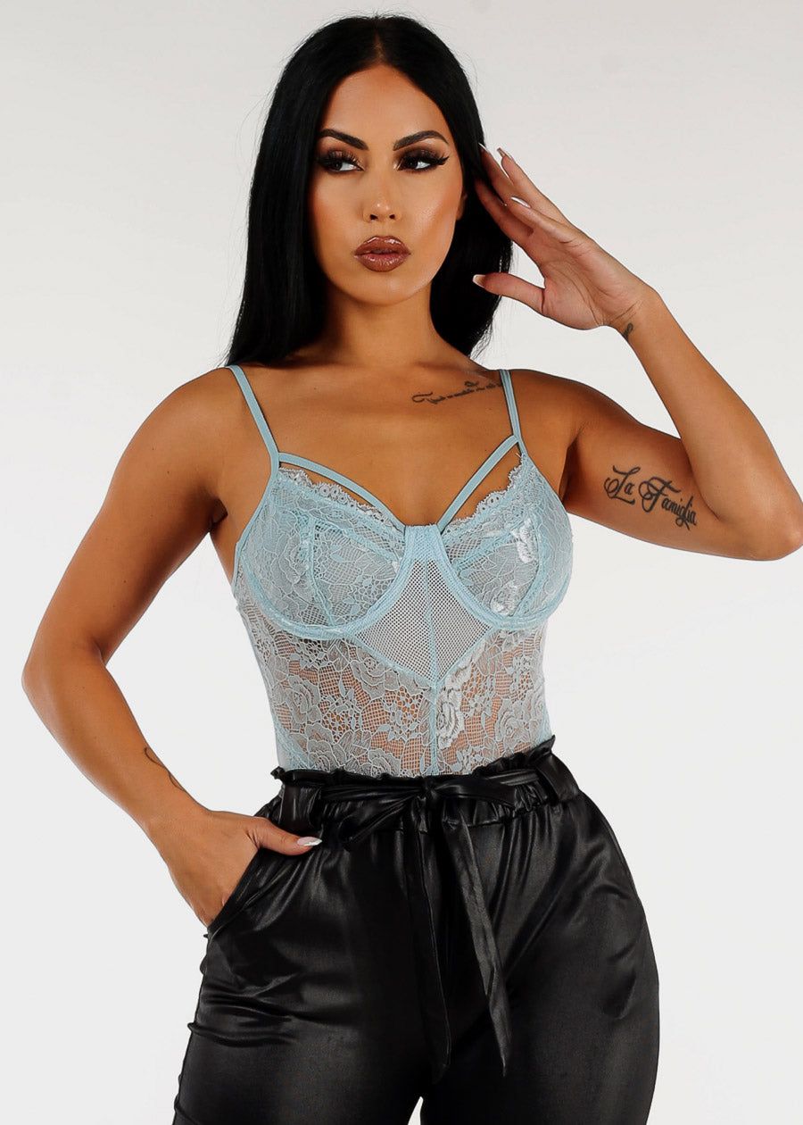 Strappy Floral Lace Thong Bodysuit Light Blue sold by Moda