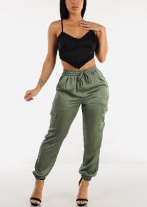 Black Sleeveless Lace Trim Satin Crop Top sold by Moda