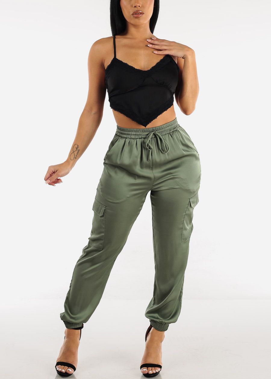 Black Sleeveless Lace Trim Satin Crop Top sold by Moda product image thumbnail 2