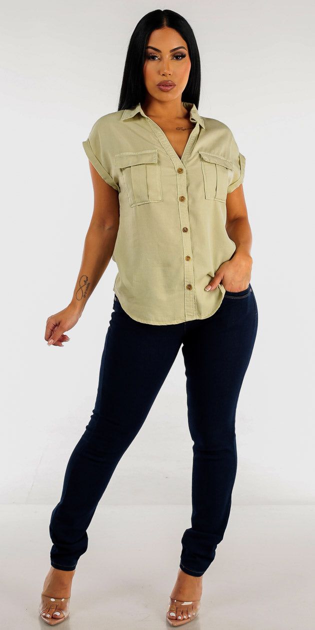 Ultra High Waisted Butt Lifting Skinny Jeans with Cap Sleeve Button Up Cargo Shirt sold by Moda