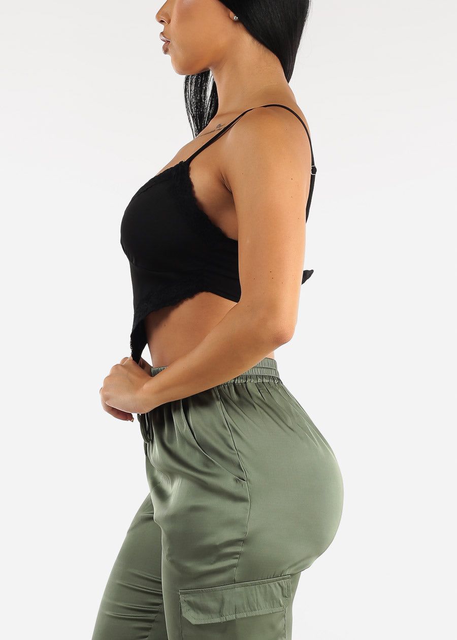 Black Sleeveless Lace Trim Satin Crop Top sold by Moda product image thumbnail 3