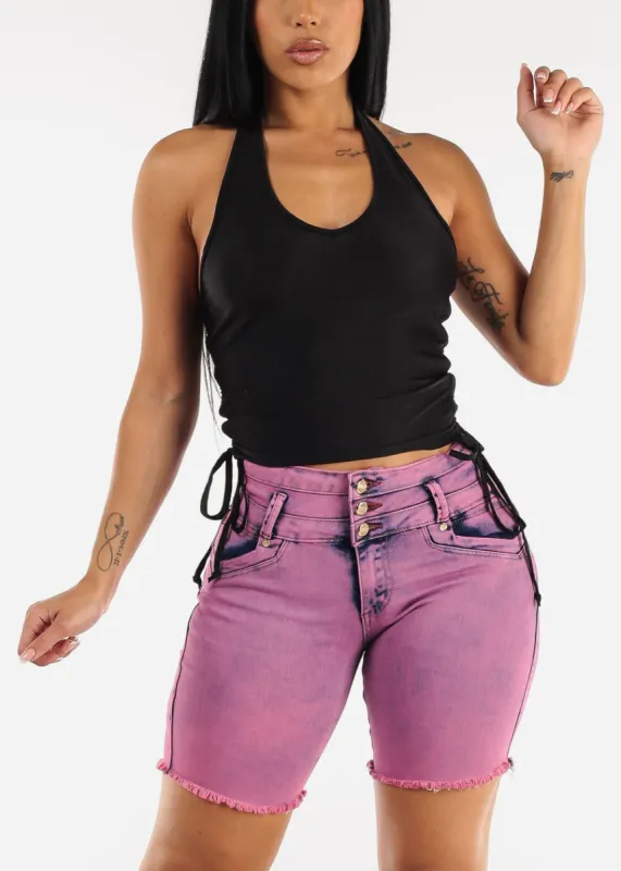 Silky Ruched Sides Cropped Halter Top Black sold by Moda