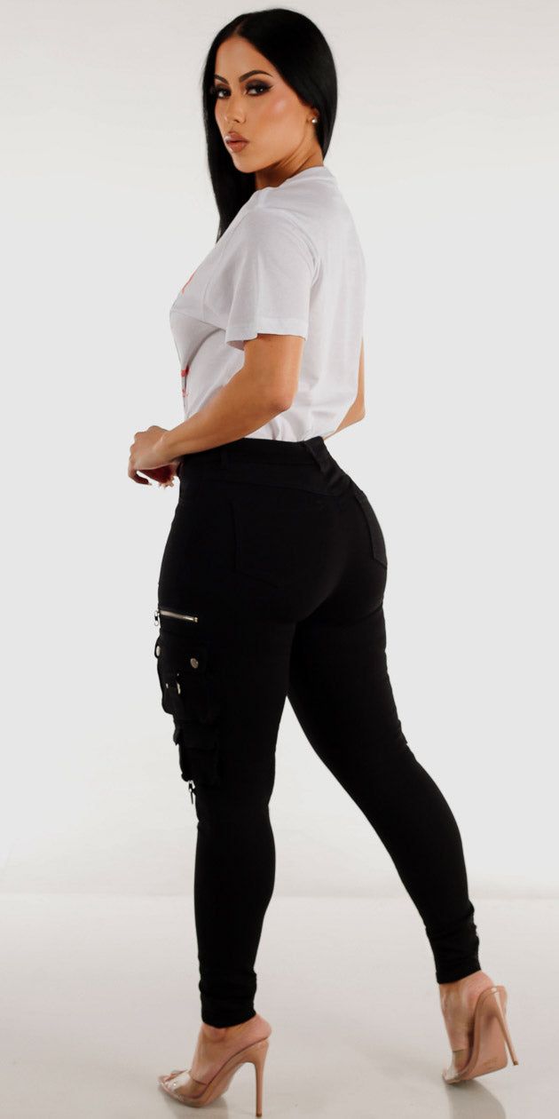 High Waisted Black Cargo Skinny Pants with White Short Sleeve Graphic T-Shirt sold by Moda product image thumbnail 2
