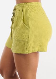Cotton High Drawstring Waist Shorts Light Green sold by Moda