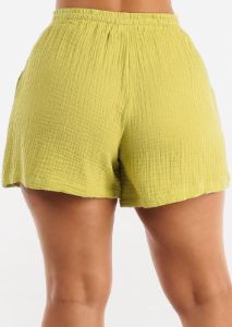 Cotton High Drawstring Waist Shorts Light Green sold by Moda
