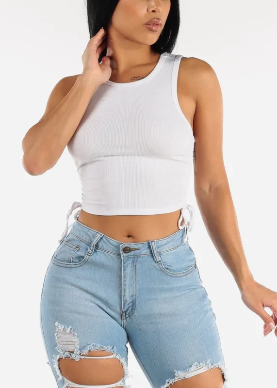 Sleeveless Ribbed White Crop Top w Ruched Drawstring Sides sold by Moda