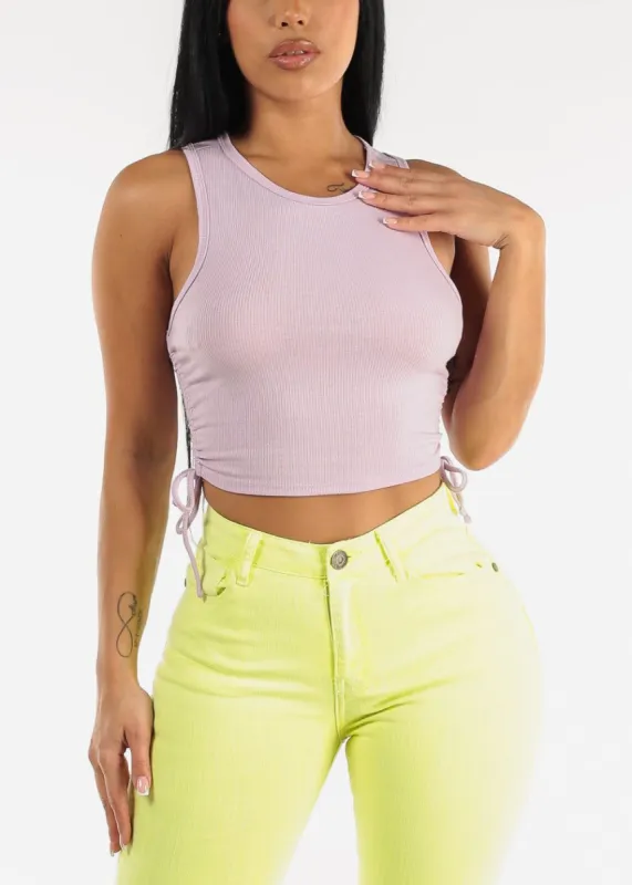 Sleeveless Ribbed Lavender Crop Top w Ruched Drawstring Sides sold by Moda