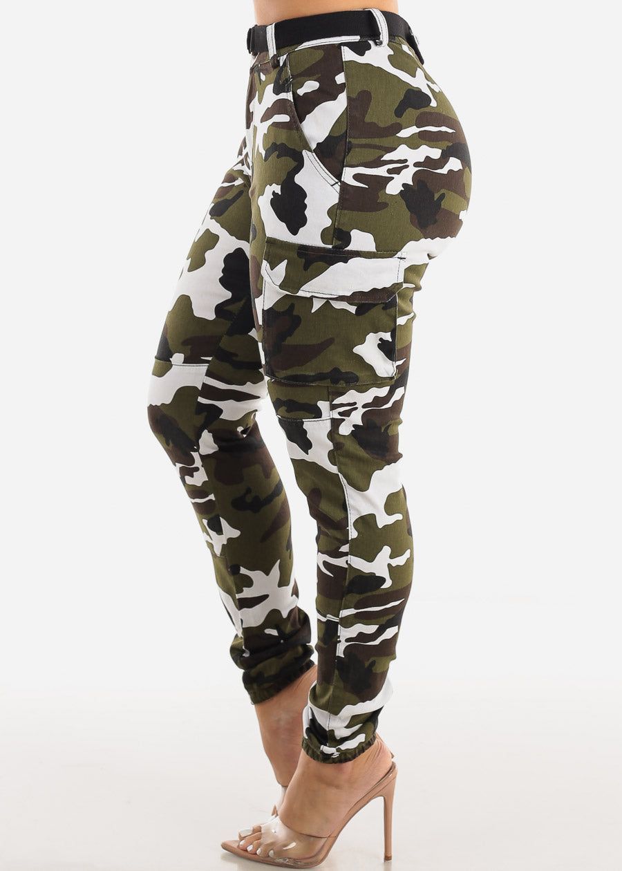 High Waisted Belted Camouflage Cargo Jogger Pants White sold by Moda product image thumbnail 3
