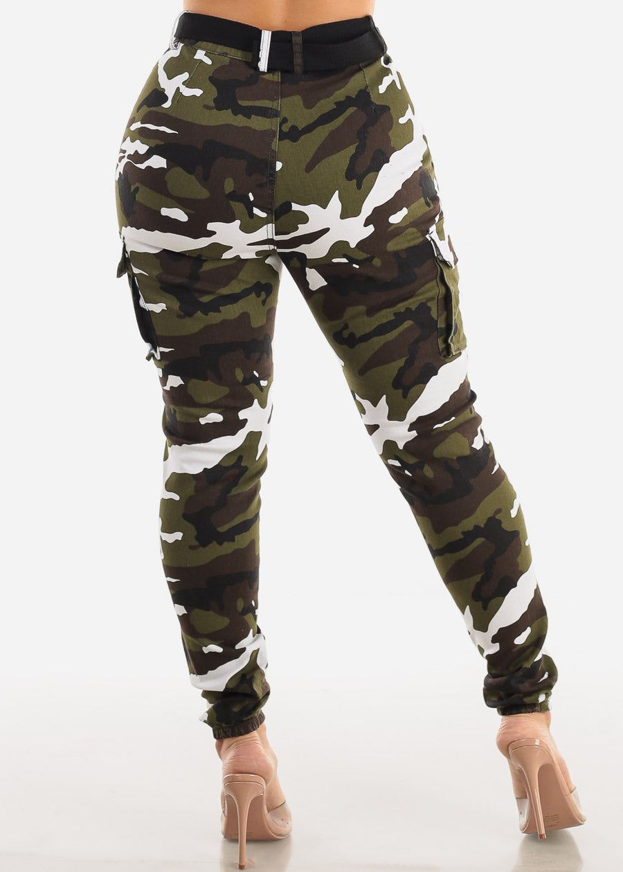 High Waisted Belted Camouflage Cargo Jogger Pants White sold by Moda product image thumbnail 4