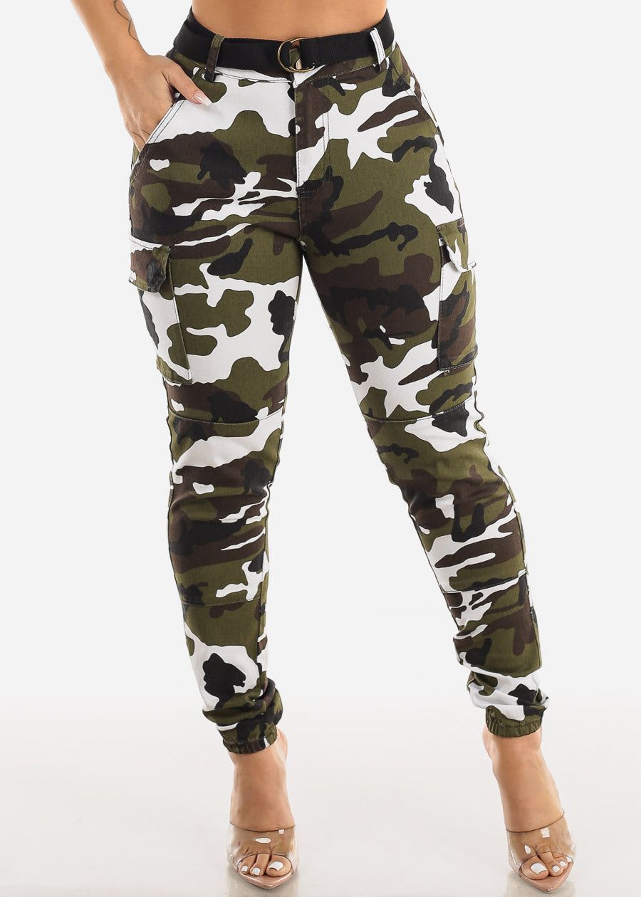 High Waisted Belted Camouflage Cargo Jogger Pants White sold by Moda