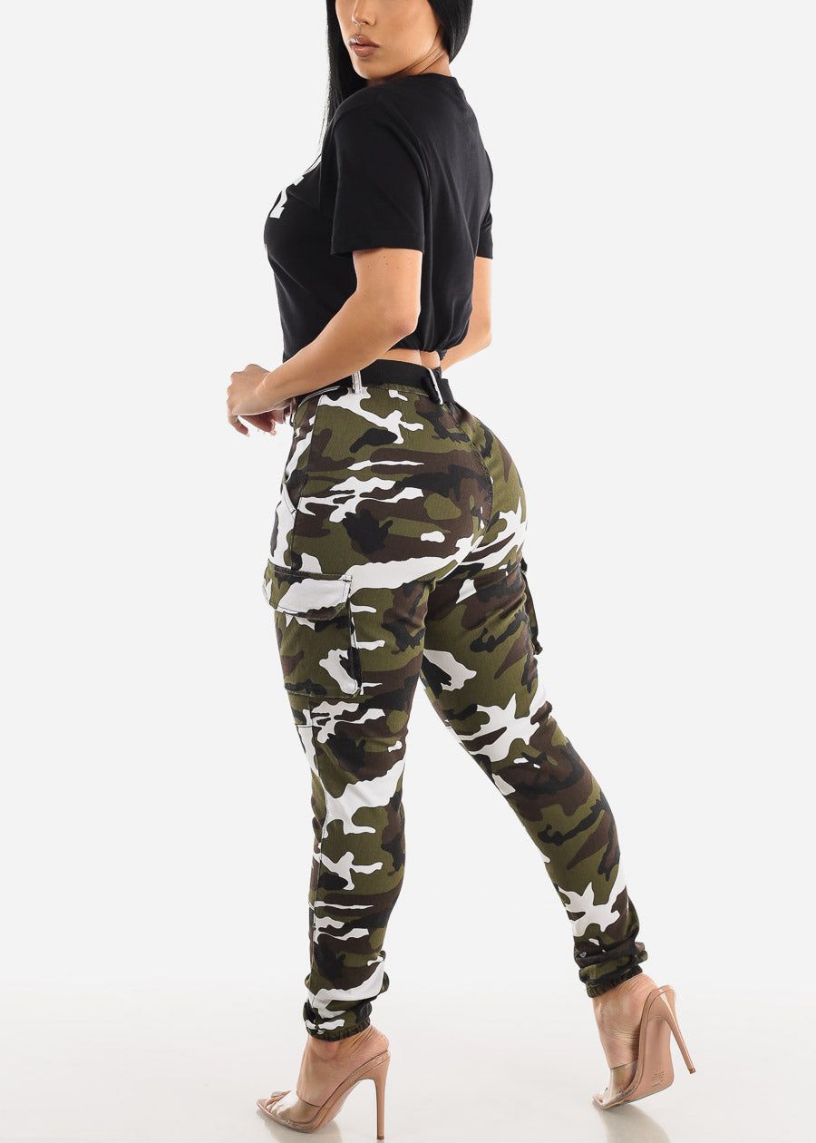 High Waisted Belted Camouflage Cargo Jogger Pants White sold by Moda product image thumbnail 5