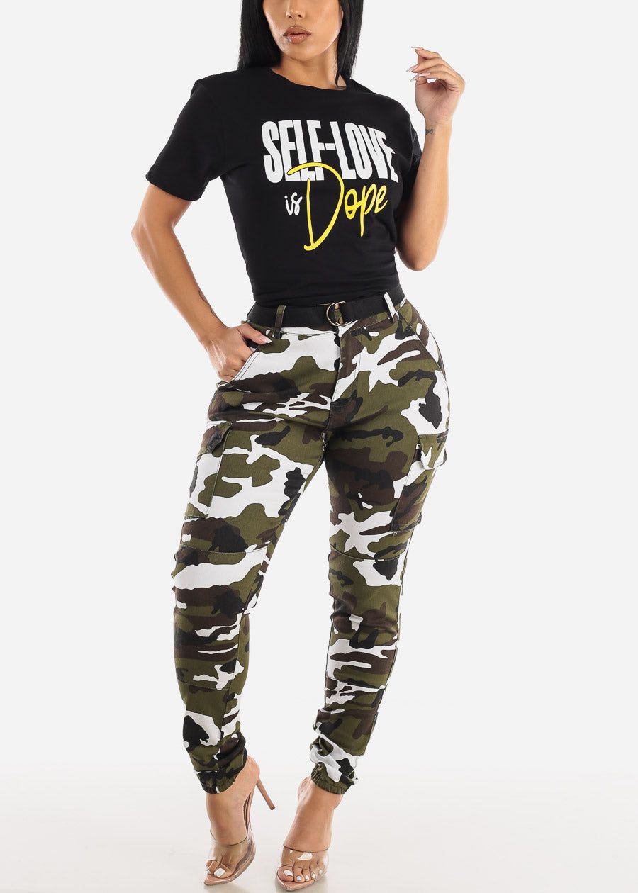 High Waisted Belted Camouflage Cargo Jogger Pants White sold by Moda product image thumbnail 2