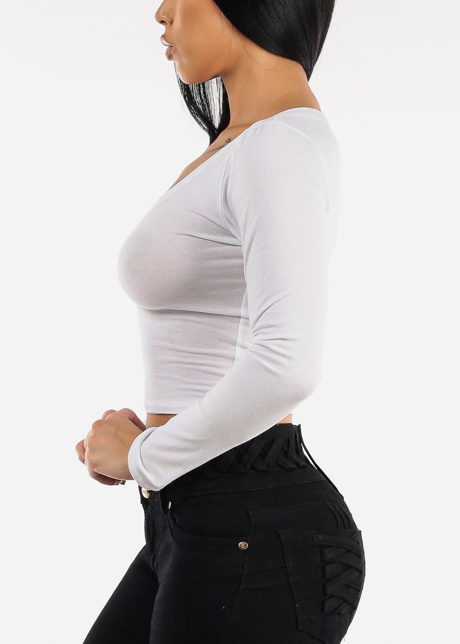 Basic Long Sleeve Vneck Crop Top White sold by Moda product image thumbnail 3