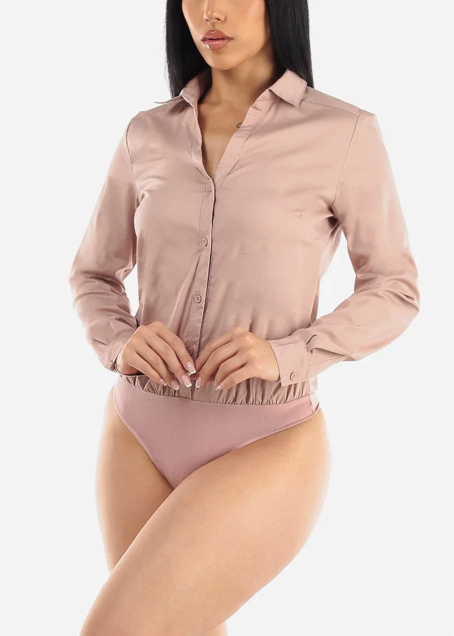 Long Sleeve Button Down Collared Bodysuit Dusty Pink sold by Moda